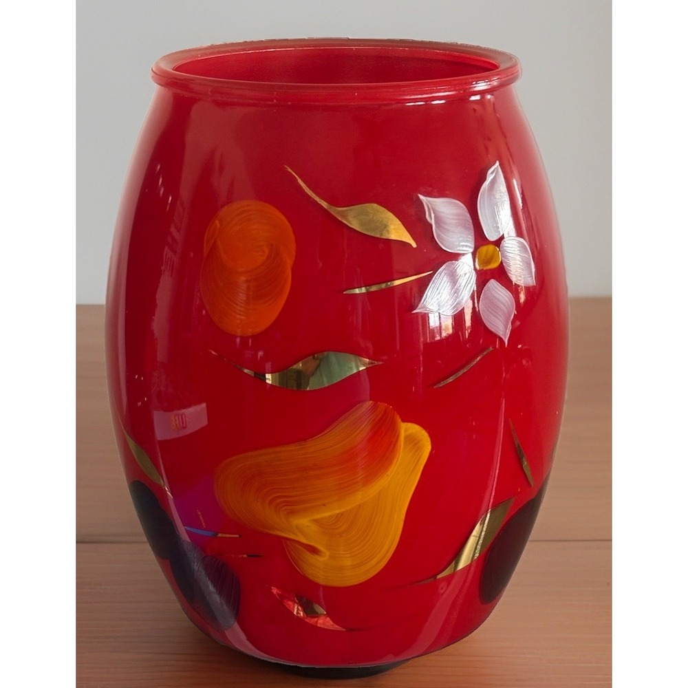 Vtg Bartlett Collins Red Hand Painted Cookie Jar wPear Apple Fruit Flower No Lid
